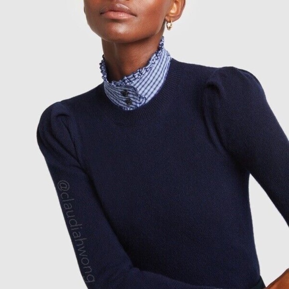 GWYN 100% Cashmere Signature Puff Sleeve Crew Sweater in Navy Blue - Picture 4 of 11